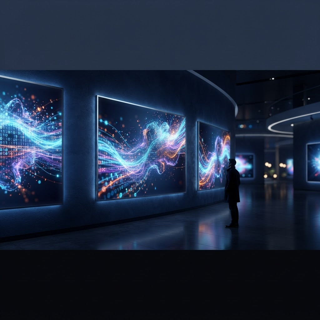 A futuristic art gallery with abstract artworks dissolving into glowing streams of data