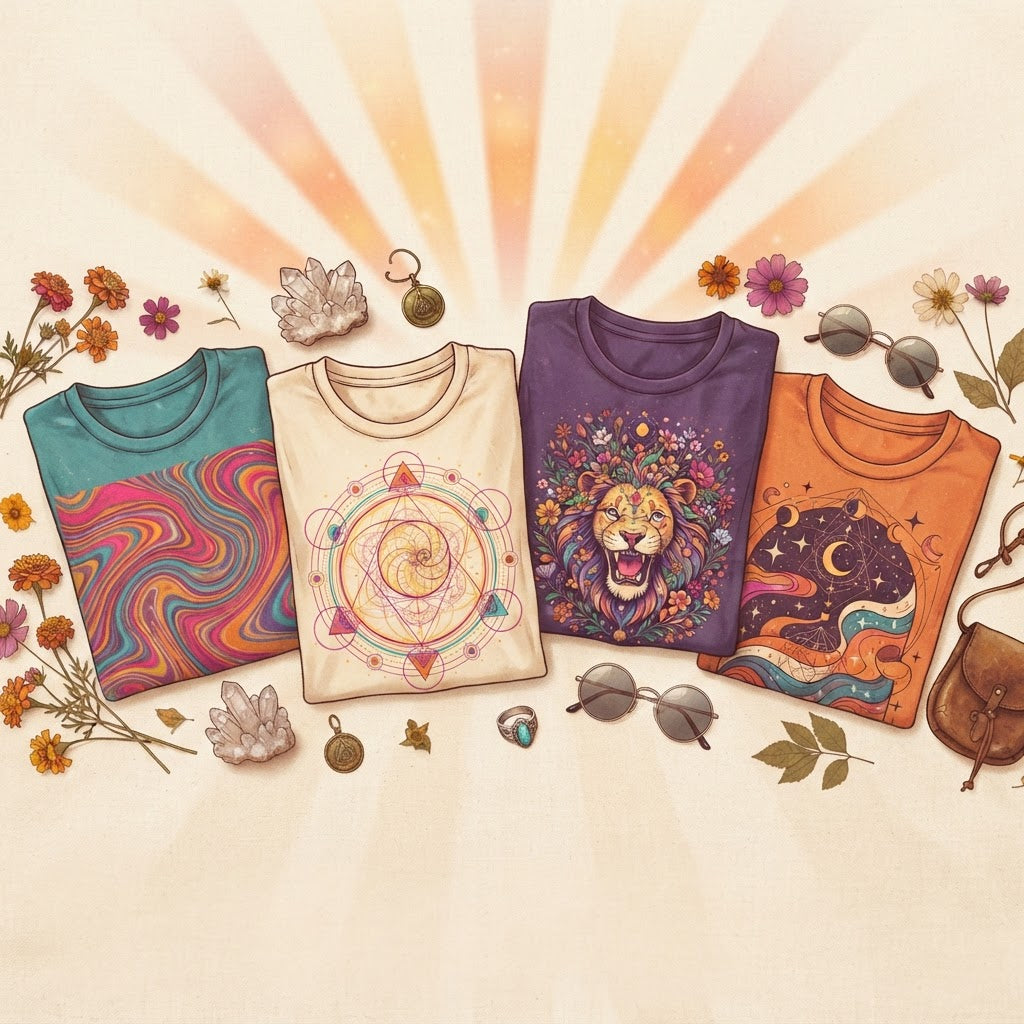 Psychedelic graphic t-shirts with swirling designs on a warm retro background